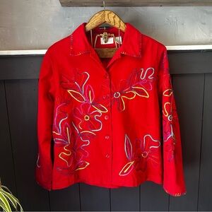 Studio Works Red Floral‎ Design Stich Embroidered Jacket size Large